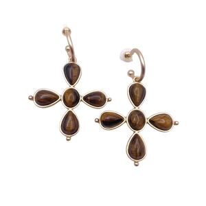 Atterri Earrings Maltese Cross  2” Long With Tiger Eye Gemstones